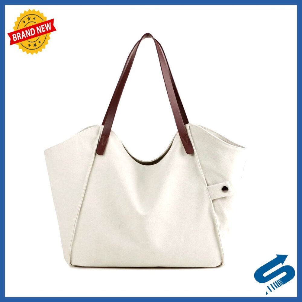 Large Canvas Tote Bag with Zipper Closure and Leather Handle for Everyday Use